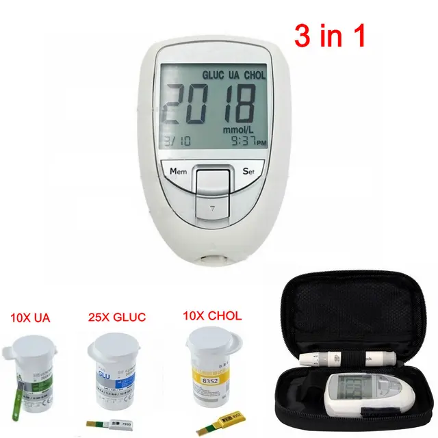 3 In 1 Blood Glucose Meter Cholesterol Uric Acid Testing Meter Kit GLUC UA CHOL Test System +Strips 2