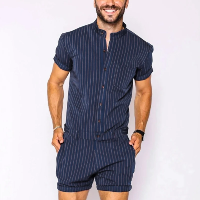 best men's casual shorts INCERUN Striped Men Rompers Breathable Stand Collar Short Sleeve Joggers Playsuits Streetwear Fashion Men Jumpsuits Shorts S-5XL casual shorts for men