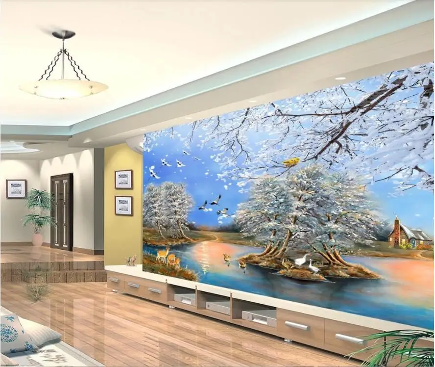 

WDBH Custom photo 3d wallpaper Idyllic snow scene oil painting beautiful home room 3d wall murals wallpaper for walls 3 d