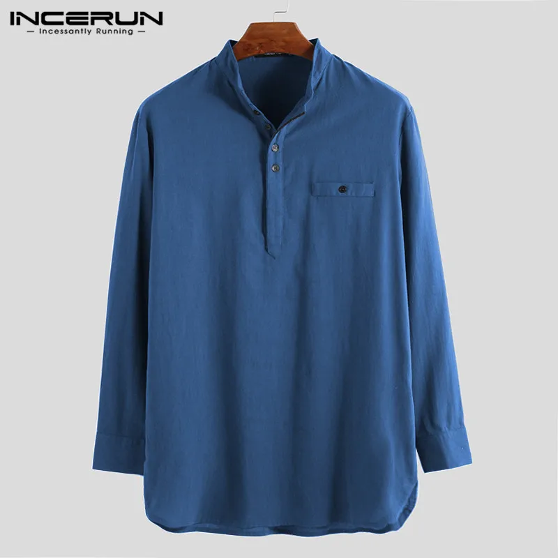 Мужская рубашка в винтажном стиле, индийская одежда, хлопок, воротник-стойка, пуговицы, длинный рукав, солидные удлиненные футболки, мужская мусульманская одежда INCERUN - Цвет: Blue Shirt