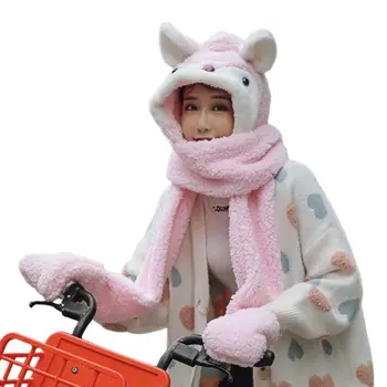 

Unisex Adult Cartoon 3 in 1 Hat Gloves Scarf Animal Image Pattern Hoodie Earflap Thick Cotton Velvet Cap Winter Warm Cap Shawl