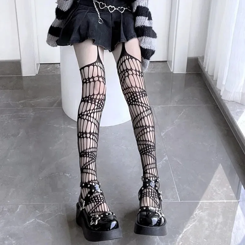 Japanese Harajuku Hollow Out Fishnet Body Stockings Women Fashion Black Gothic Pantyhose Cosplay Costume Anime Lolita Tights fishnet stockings