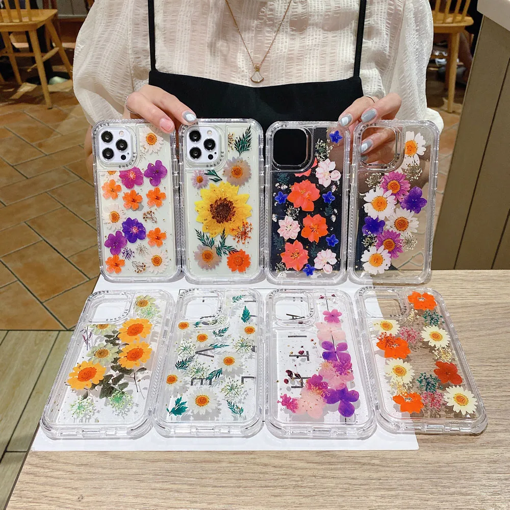 Real Dry Flower Glitter Clear Shockproof Case For iPhone 12 mini 11 Pro Max XR XS X 7 8 Plus Soft Bumper Protective Back Cover