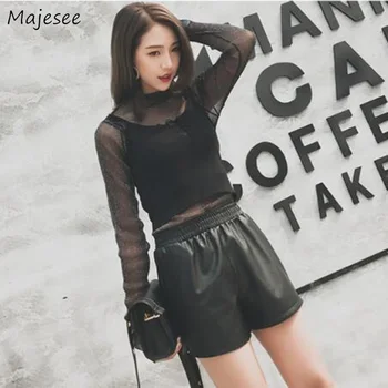 

Shorts Women Elastic Waist Pockets Plus Size 3XL PU Harajuku Korean Style Womens Clothing Chic Fashion All-match Vintage Females