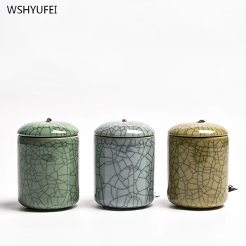 

High-grade ice crack ceramic portable travel home tea coffee bean biscuit candy sealed jar spice seasoning celadon storage tank