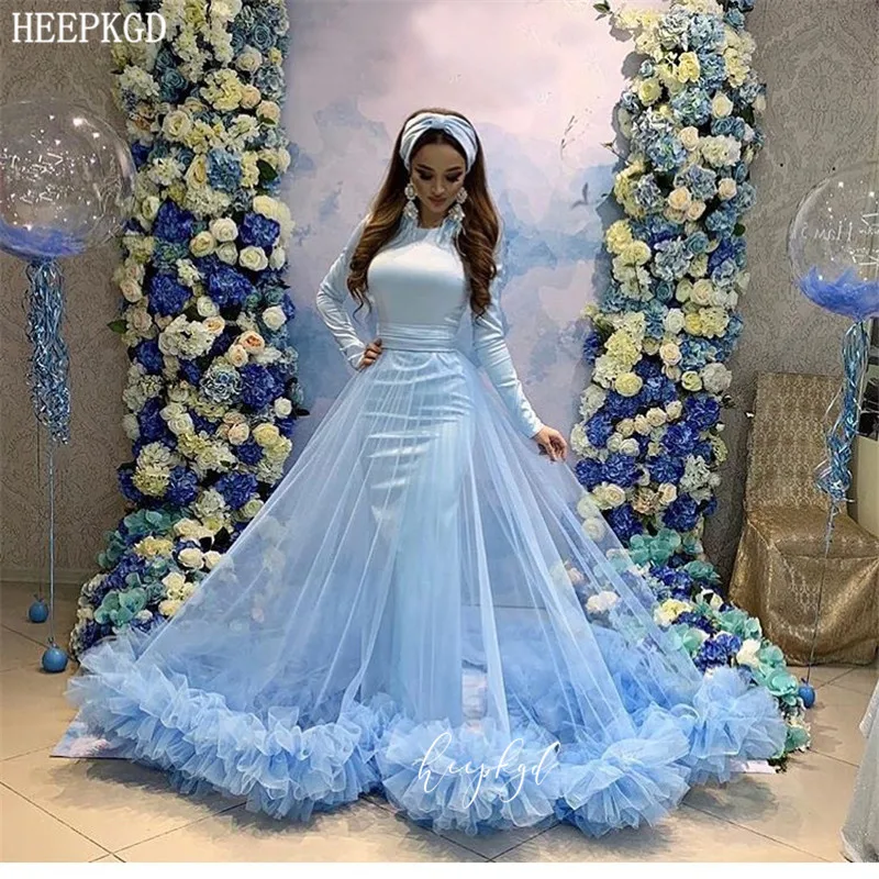 Photo Color Мятно-голубое арабское вечернее платье с длинными рукавами Новое поступление Длинные вечерние платья с высоким воротником и шлейфом под заказ Robe De Soiree - Цвет: Photo Color