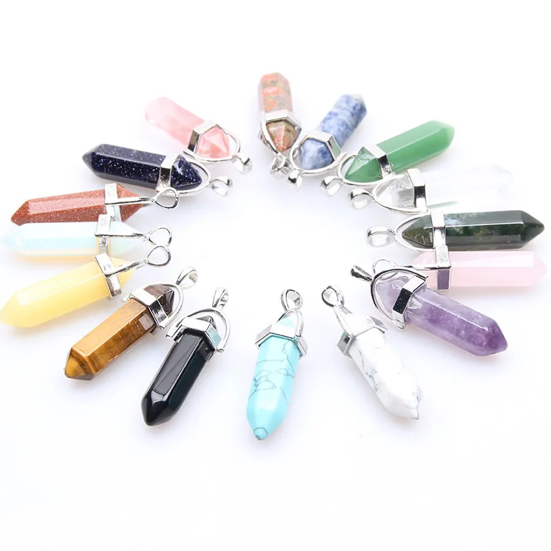 

Multicolor Healing Point Chakra Pendants Hexagonal Quartz Crystals Bullet Shape Stone DIY Pendulum Beads For Jewelry Making Free