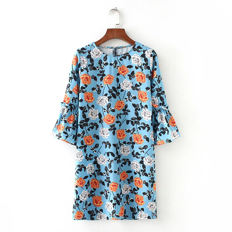 

2018 Western Style Spring And Summer WOMEN'S Dress New Style Bell Sleeve Loose-Fit Floral Printed Dress