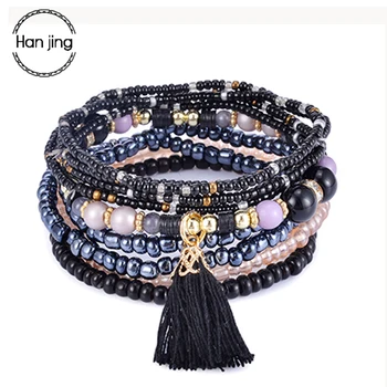 Bohemia Tassel Charm Beads Bracelets For Women Boho Candy Color Multilayer Wrap Bracelet Set Wristband Jewelry pulseira feminina