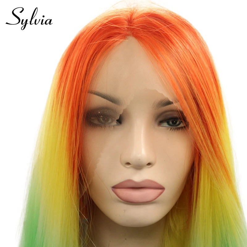 Sylvia Радужный Омбре разноцветные синтетические парики на шнурках спереди длинные шелковистые прямые средняя часть термостойкие волокна волос для женщин
