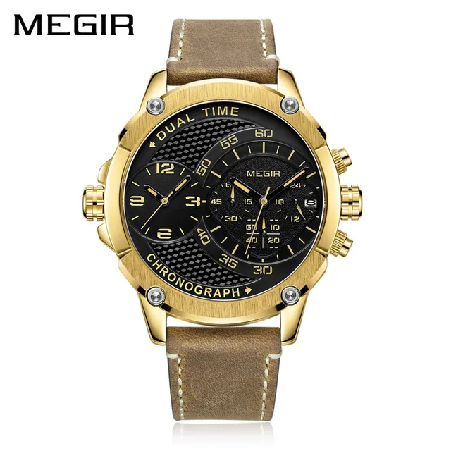 MEGIR New Design Waterproof Sports Quartz Watch Fashion Luxury Army Military Watches Men Dual Time Zone Clock Relogio Masculino Gold Black