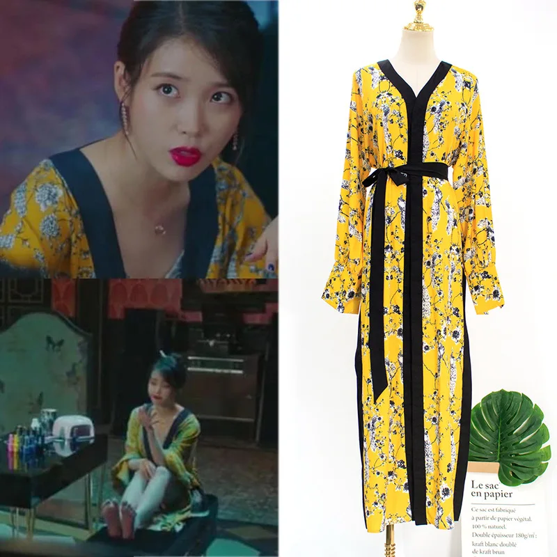Kpop IU Lee Ji Eun же желтое Цветочное платье для женщин, свободное темпераментное платье с высокой талией, женские длинные осенние платья с длинными рукавами