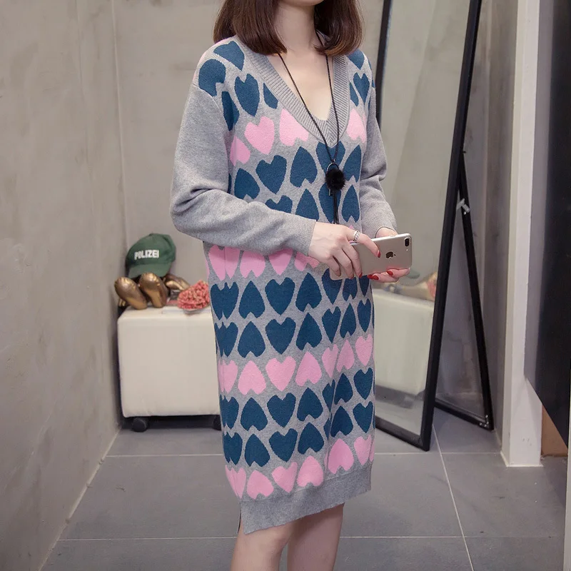 Nkandby Plus Size Long Pullovers Women Autumn Winter Fashion Loose V Neck Heart Print Sweet Oversize Split Knitted Sweater Dress