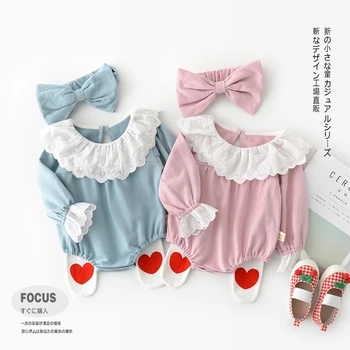 

Baby Girls Lace Collar Long Sleeve Romper with Headband