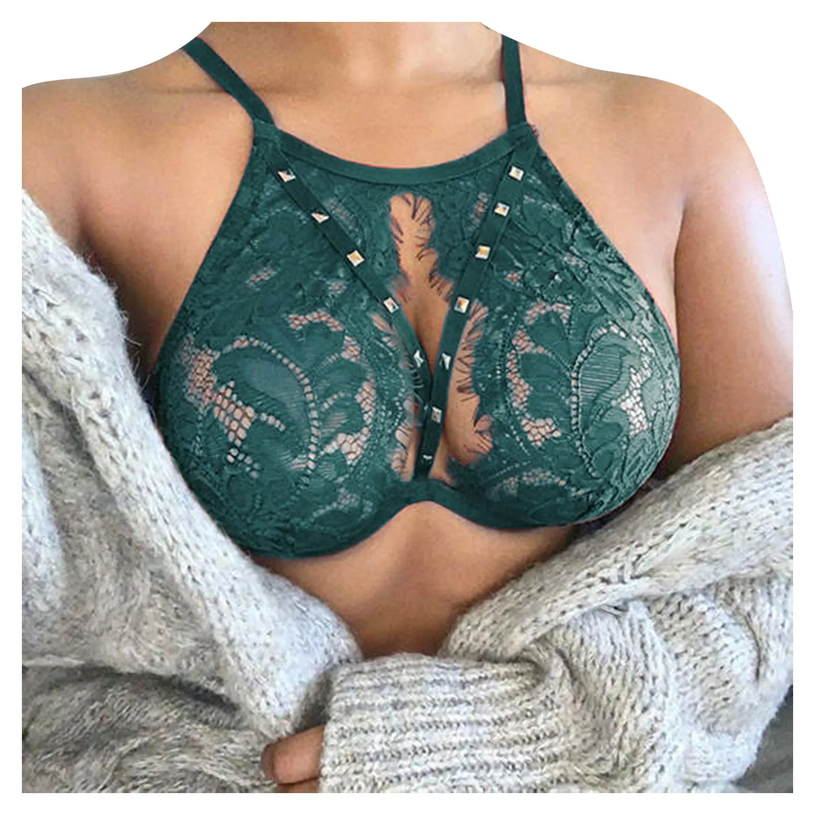 Solid Color Ladies Rivets Push-up Bra Cross Strap Lace Patchwork Hollow Bandage Suspenders women bra,erotic lingerie