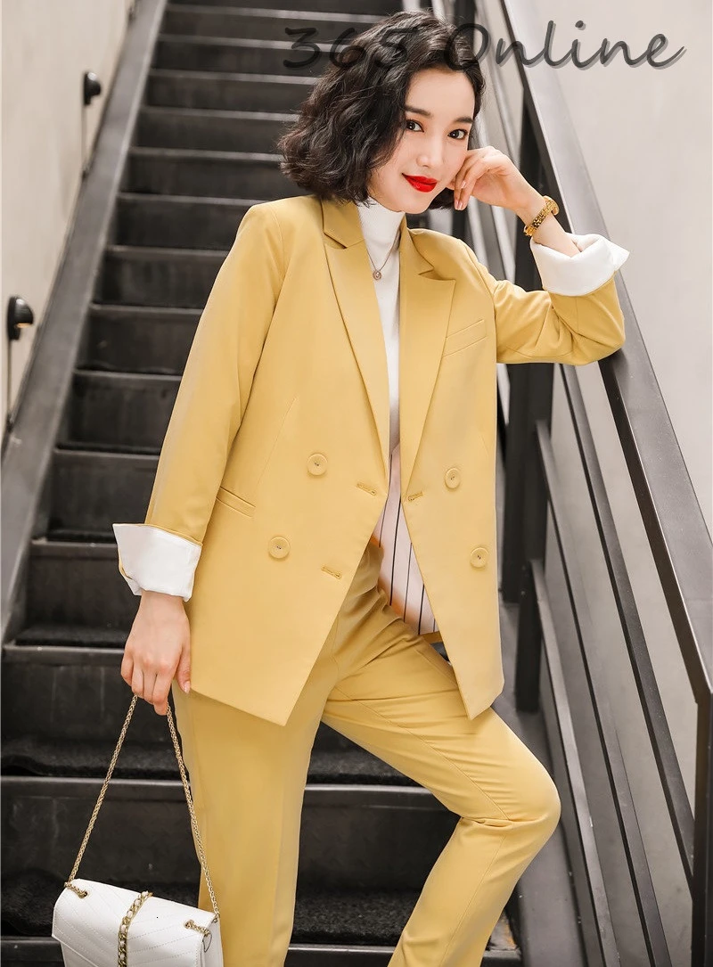 

Novelty Fashion Yellow Formal Uniform Designs Pantsuits Autumn Winter Business Suits with Pants and Jackets Coat OL Blazers