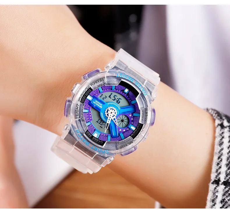 Цифровой двойной дисплей часы для мужчин и женщин пара прозрачный ремешок Спортивные модные наручные часы 30 м водонепроницаемый световой эффект