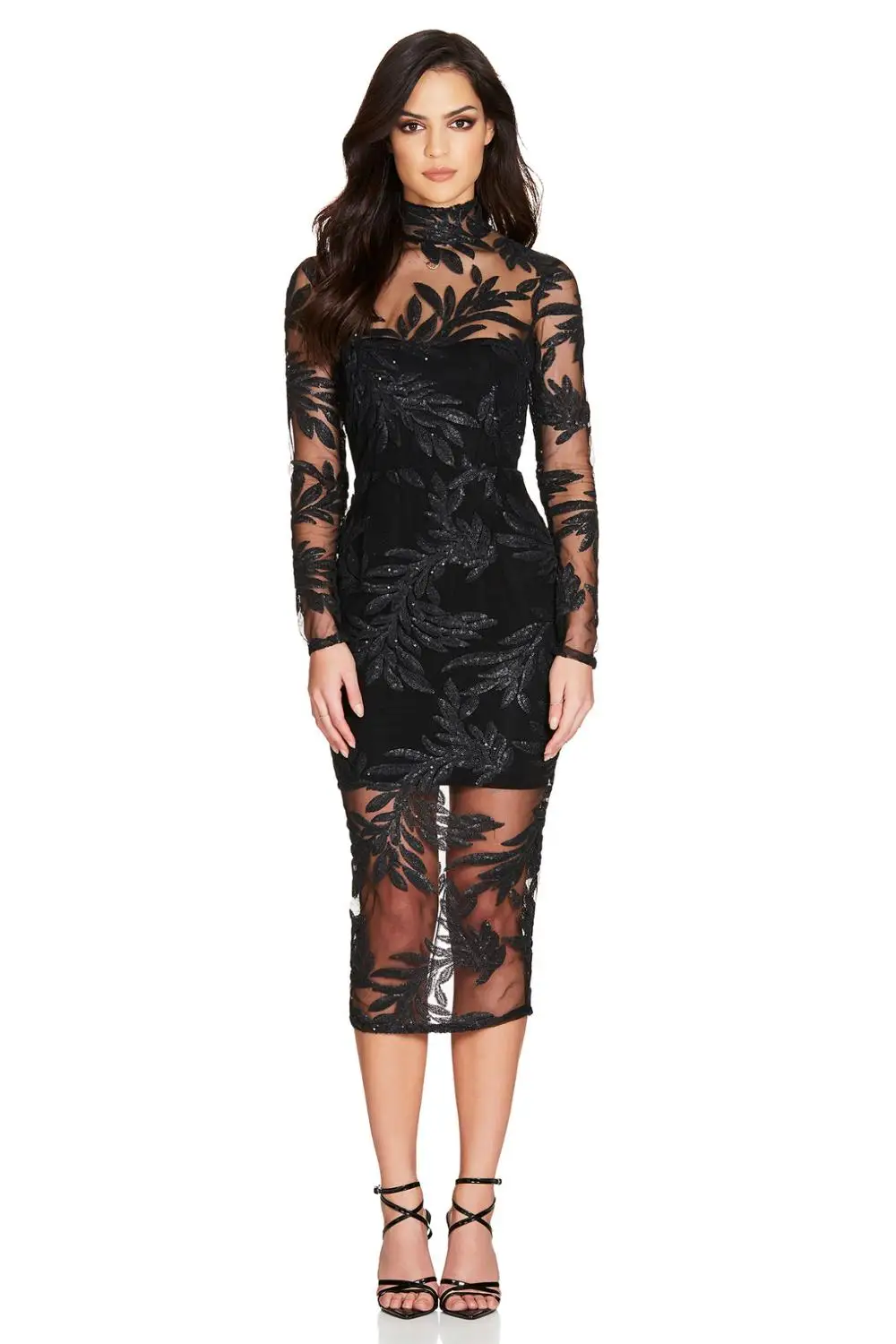 High Quality Gold Black Long-Sleeve Mesh Mesh Rayon Bandage Dress Evening Party Bodycon Dress