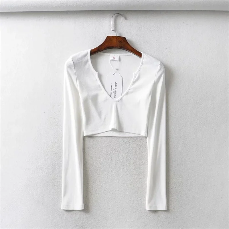 Женский ребристый топ с длинными рукавами - Цвет: white