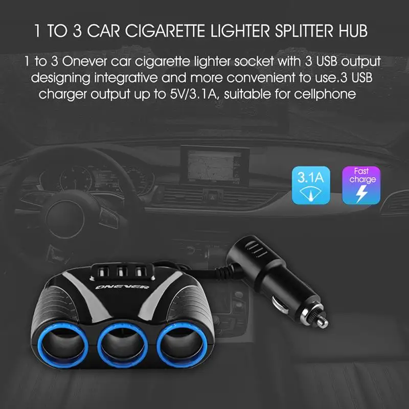Onever 120 Вт 3-полосный автомобильный разветвитель прикуривателя 3 USB Автомобильное зарядное устройство 12 В/24 В Зажигалка адаптер Зажигалка 5 в 3.1A выходная мощность