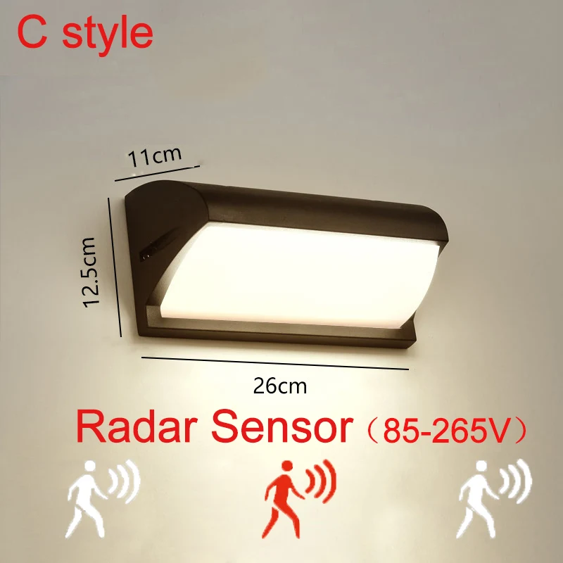 C style Radar Sensor 18 Вт светодиодный настенный светильник, водонепроницаемый IP66, светильник для крыльца, современный светодиодный настенный светильник с датчиком движения, уличный светильник ZBW0001 - Испускаемый цвет: C style Radar Sensor