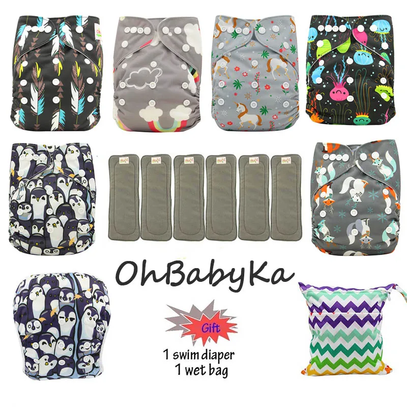 OhBabyKa детская Пеленка из моющейся ткани бамбуковый уголь Многоразовые Все-в-два карман подгузник Регулируемый+ 6 шт бамбуковые вставки детские подгузники