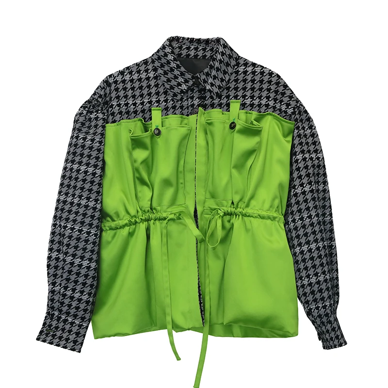 green ZYQ1997 XITAO Tide решетки Лоскутная куртка на пуговицах на шнурке однобортный отложной воротник Свободный Повседневный Плюс Размер Топ женский ZYQ1997 - Цвет: green ZYQ1997