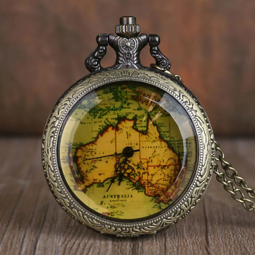 

Vintage Glass Cover Quartz Pocket Watch Retro Map Dial Pendant Necklace Men Women Clock Gifts Fob Watch