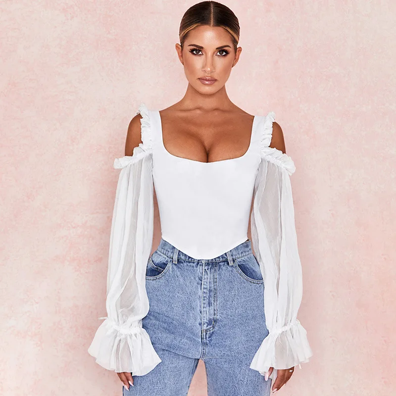 Осенняя сексуальная прозрачная однотонная Chiffconpatchwork Croptop для женщин Vestidos тонкая талия Винтаж с открытыми плечами Blusas топы