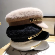 01911-ju2019100019 зимняя шапка из меха норки с металлической цепочкой, модная восьмиугольная шапка для мужчин и женщин, берет для отдыха
