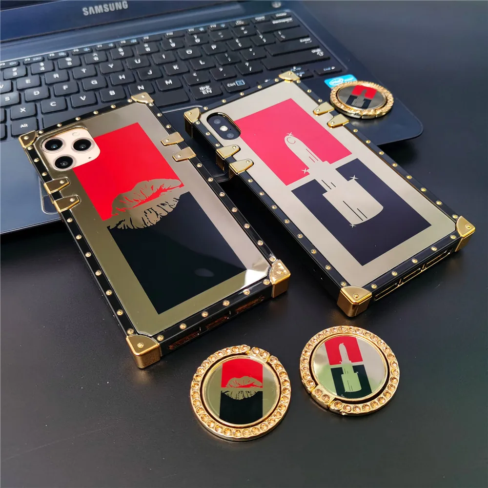 Luxury Brand Sexy Red Lips Case for iphone 14 PRO MAX 11 PRO 12 13 PRO MAX  X XS XR 7 8 15 PLUS Glitter Gold Square Phone Cover