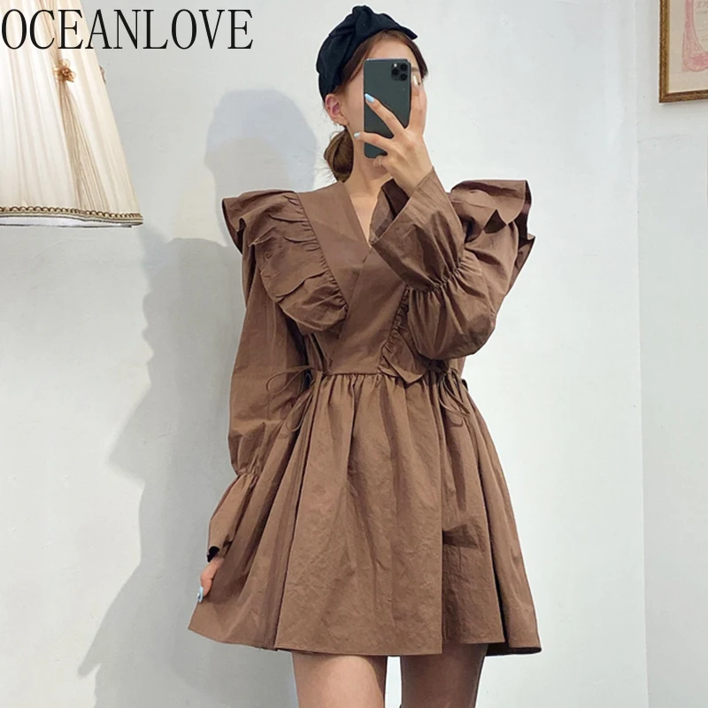 

OCEANLOVE Solid A-line Chic Vestidos Korean Spring 2020 High Waist Elegant Women Dress Ruffles Fashion Ladies Dresses Ins 14375