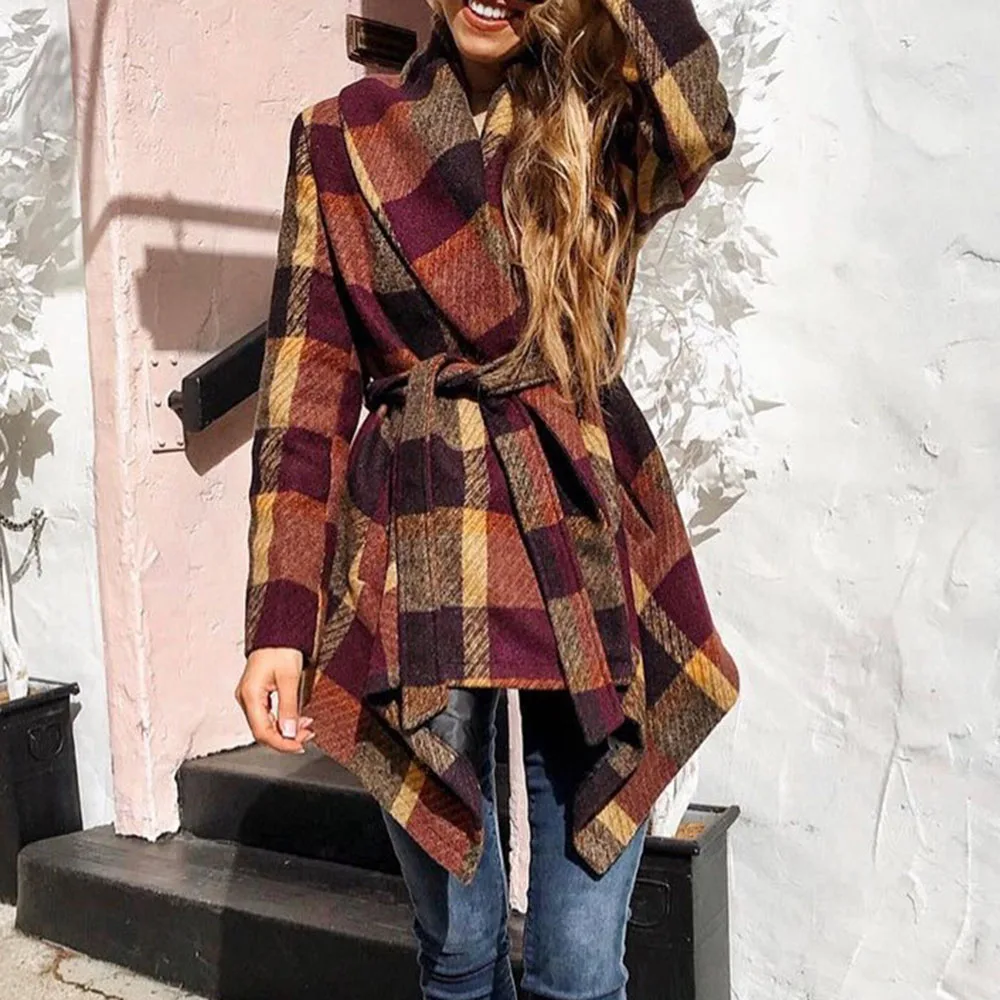 

2019 Autumn Winter Plaid Wool Coat Women Blend Elegant Brit Graphic Lace Up Asymmetrical Long Overcoat Office Ladies Outwear