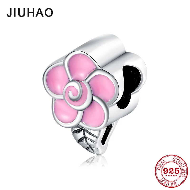 

High Quality 925 Sterling Silver Pink Flowers with Leaves Charms Beads Fits Original Pandora Charms Bracelet Bangles DIY Jewelry
