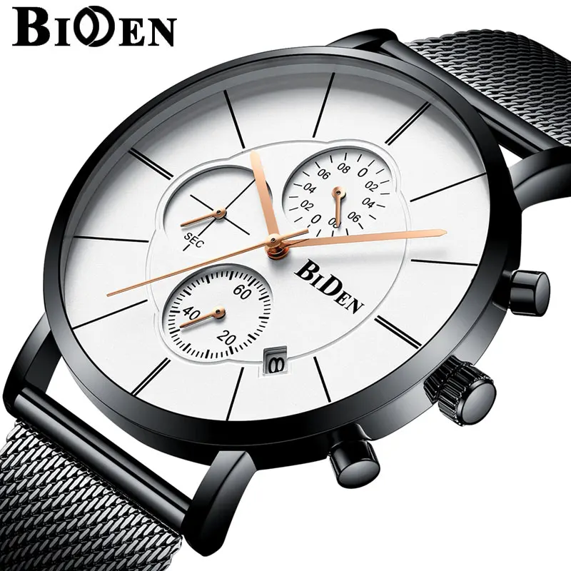 

Watches Men BIDEN Minimalist Quartz Watch Relojes Para Hombre Mesh Band Chronograph Function Luxury Mesh Band Clock 0088