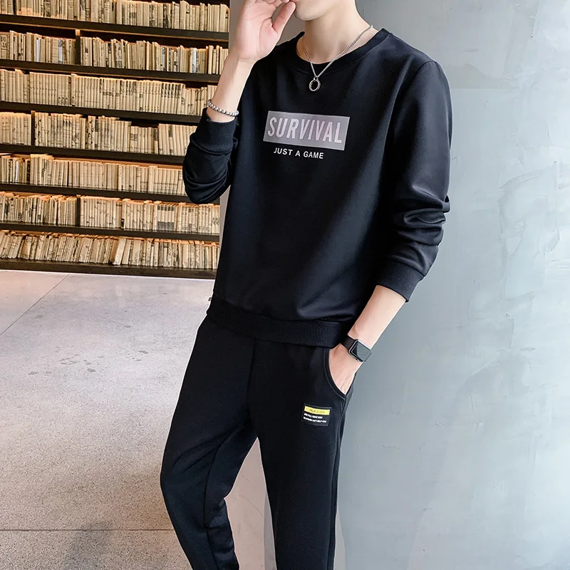 

2019 Autumn New Style Teenager Set shi shang zhuang Men Casual Sports Pullover Hoody Trousers Two-Piece Set Fashion