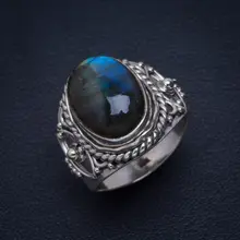Натуральный синий огонь Лабрадорит ручной работы уникальный 925 пробы Серебряное кольцо 7,5 B1239