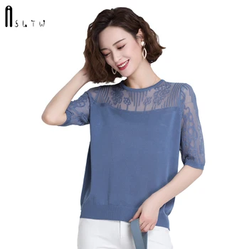 

ASLTW Summer T-Shirt Women New Causal Lace Stitching Short Sleeve T-shirts For Women Thin Knitted Slim Hollow Female Tees Top