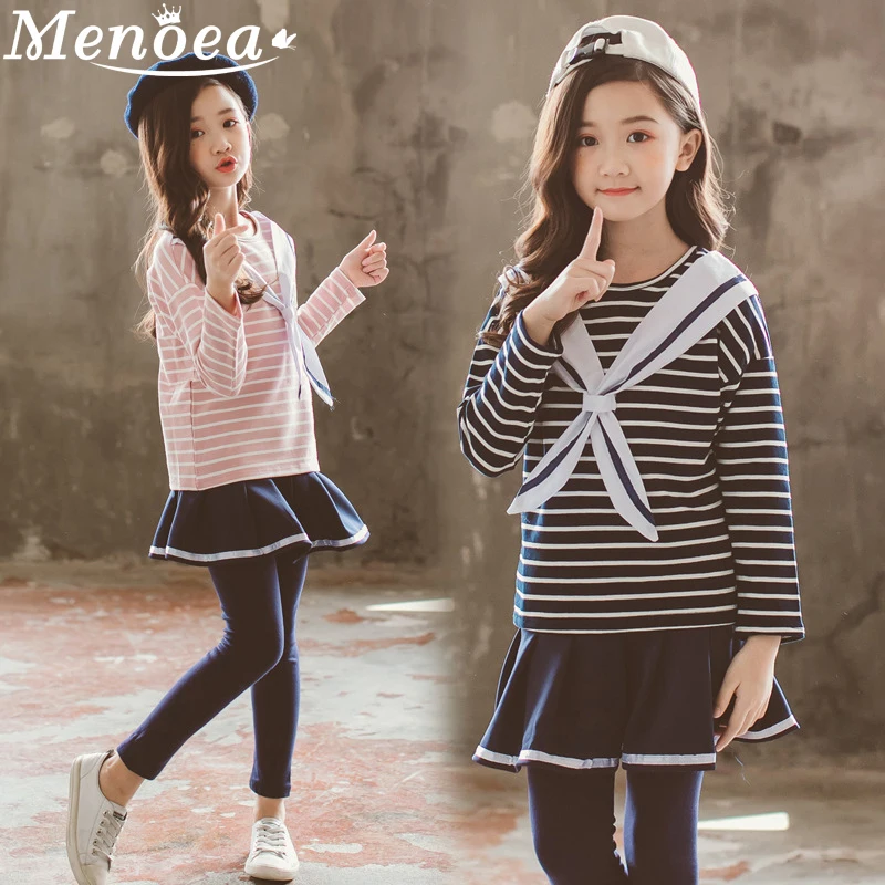 

Menoea Girls Clothes suits 2019 New Autumn Style Children Navy Wind Striped Shirt Girls Small Pants Feet college wind Kids suit