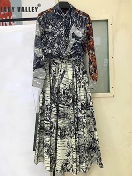 

Retro personality printed long-sleeved shirt two-piece women's spring high waist big swing skirt fashion suit