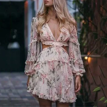 

Pink Sexy Printed Dress Female Chiffon V-neck Cutout Lantern Sleeve High Waist Mini Dress Summer Fashion Sweet New
