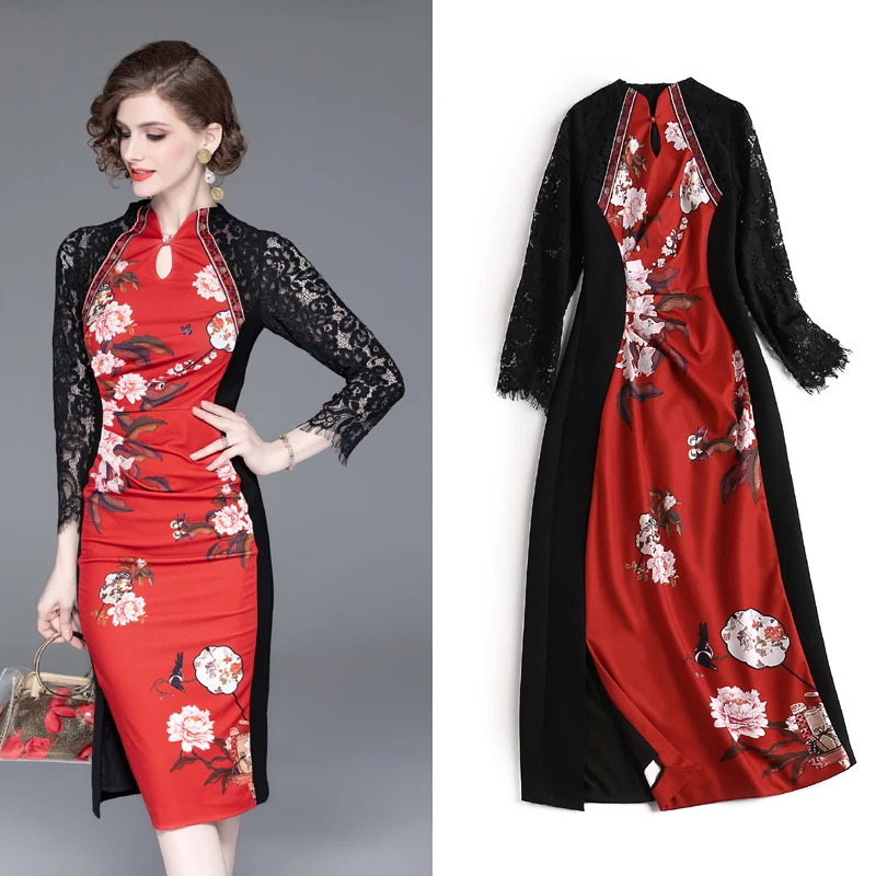 Китайский стиль Cheongsam платье-футляр осеннее женское кружевное платье с длинными рукавами в стиле пэчворк сексуальное открытое модное платье с принтом