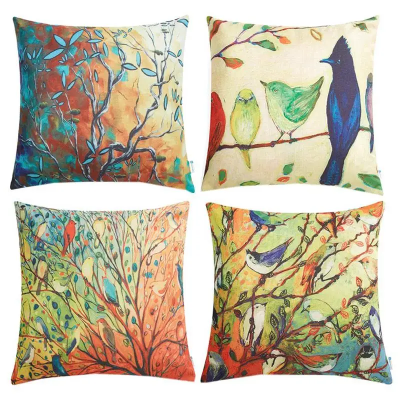 

Set of 4 Oil Painting Vivid Birds Stands on Trees Branch Decorative Throw Pillow Covers 18 x 18 Inch for Sofa Couch Decor bird