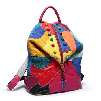 

2020 new backpack Cowhide stitching Fashionable leather handbags Fashion color traveling backpack