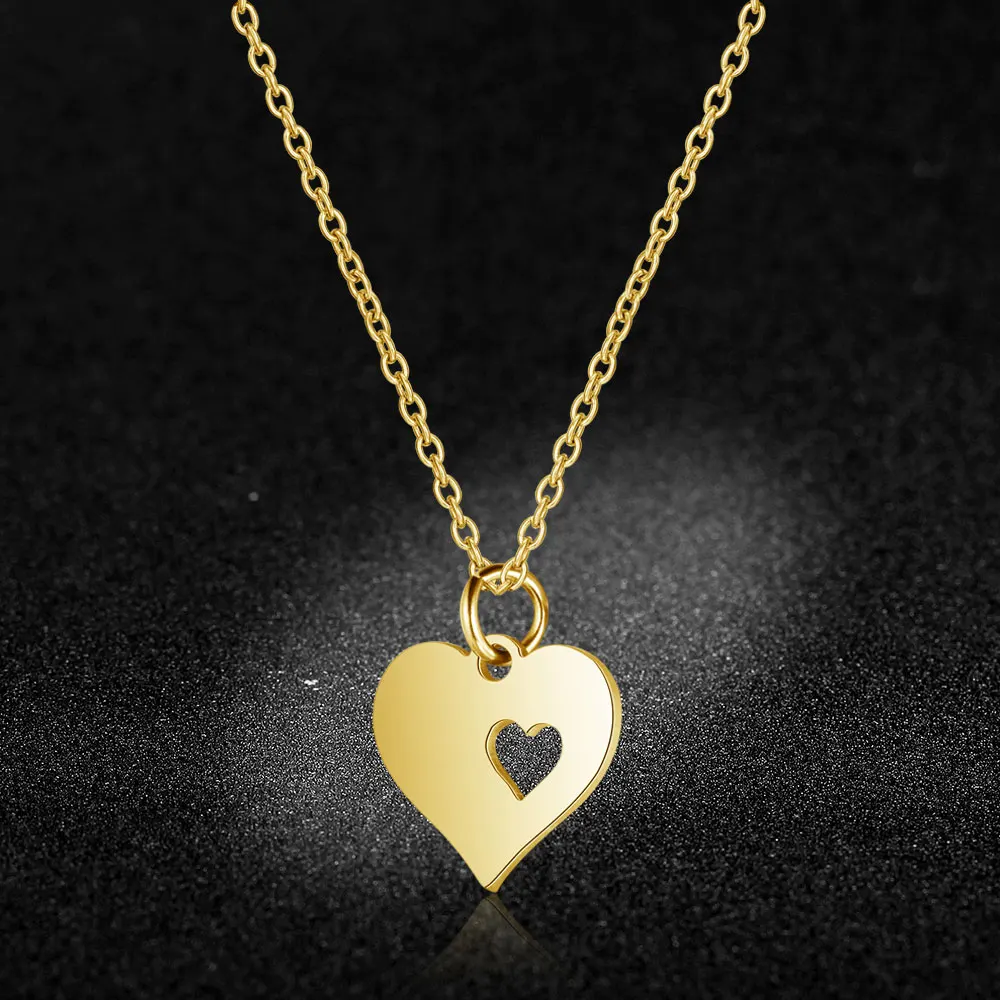 

100% Stainless Steel Heart Charm Necklace Never Tarnish Steel High Polished Laser Cutting Hollow Heart Pendant Women Necklaces