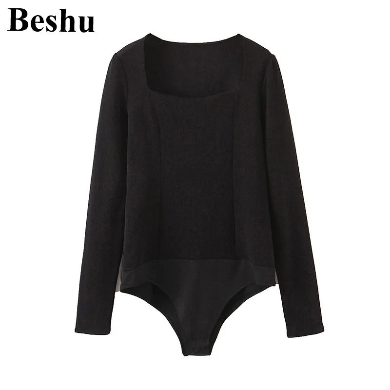 

za 2020 fashion bodysuits women black cotton square collar button connection bodysuits female long sleeve slim sexy simple mujer