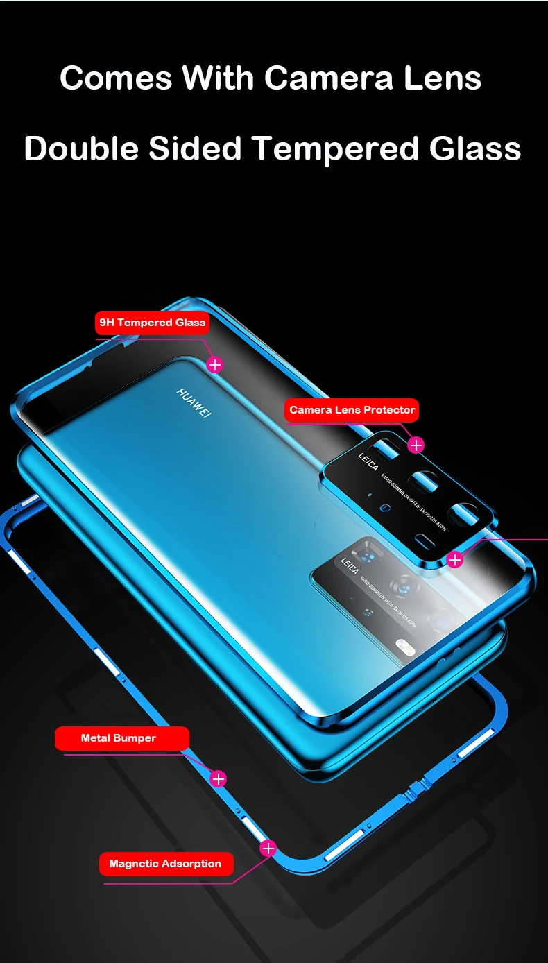Magnetic Phone Case For Huawei P40 Pro Mate 20 Mate 30 Pro P30 Camera Lens Glass Metal Bumper Honor V30 20 Pro Nova 6 SE 5 Case