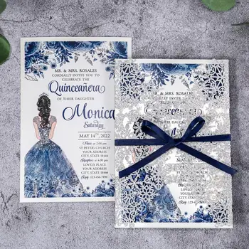 

100pcs Silver Color Shining Wedding Laser Cut Invitations Pocket with Envelope for Quinceanera, Party and Wedding