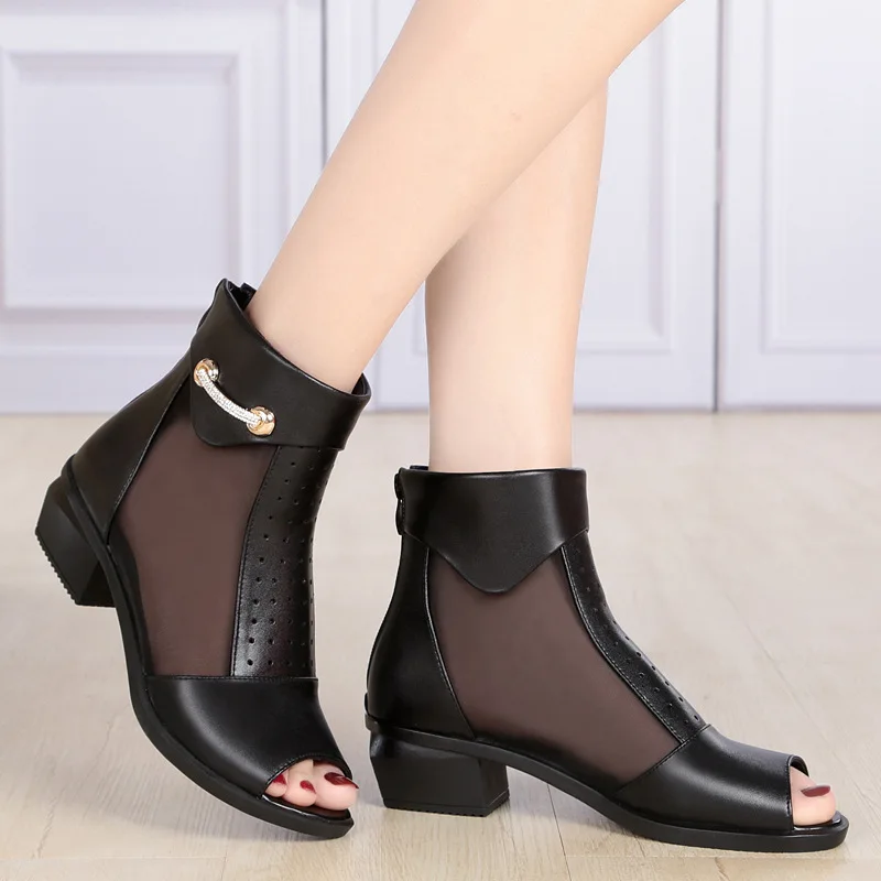 

Spring And Summer Peep-toe Sandals Women's Semi-high Heeled Chunky-Heel Genuine Leather Gauze Boots 2019 New Style Belt Buckle H