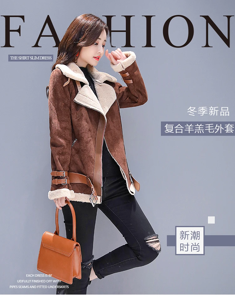 Short Coat Women's Fur Winter New Style Lace-up Suede Lambs Wool Motorcycle Jacket Cotton Coat Women's Fashion